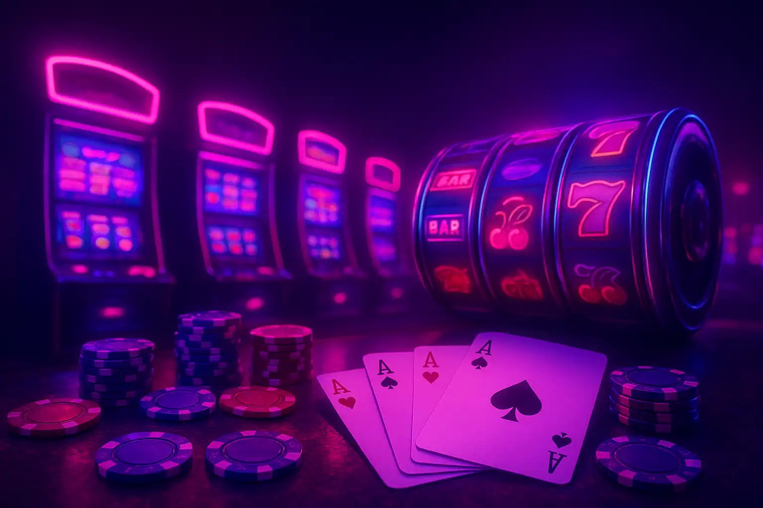 Neon Las Vegas style slot reels and chips at PokerBet Casino