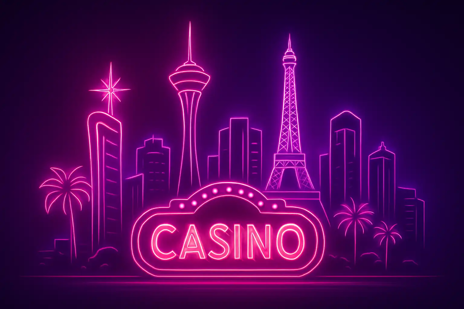 Neon Las Vegas skyline illustration in hot pink and purple tones