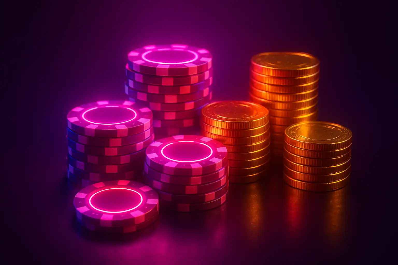 Glowing pink and purple bonus coins and chips stacked on a casino table