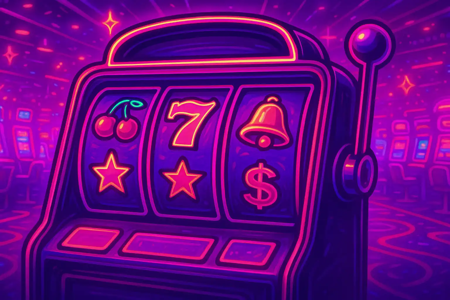 Colourful Las Vegas style slot machine reels glowing in pink and purple